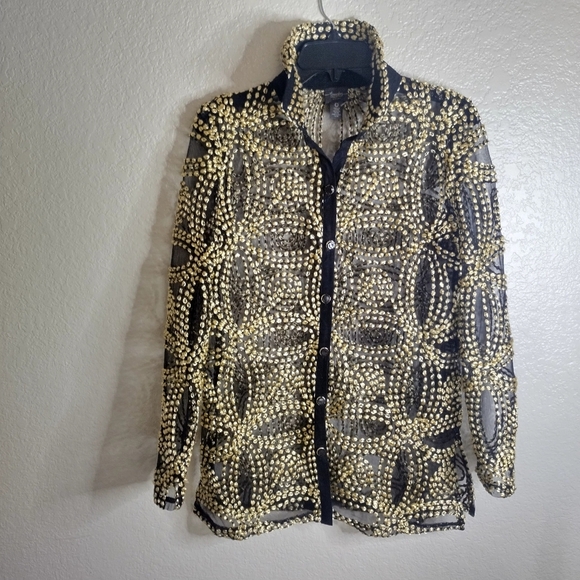 Chico's Travelers Collection Needle Stitch Mesh Gold Button Down Jacket Sz O/S/4 - Picture 3 of 10